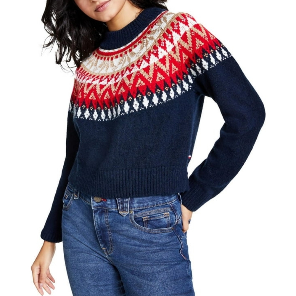 TOMMY HILFIGER NWT Metallic Pullover Navy Red Fair Isle Crewneck Sweater
